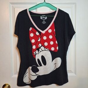 Disney Minnie Mouse Black Graphic Tee V Neck Short Sleeved Tshirt Cartoon Size L